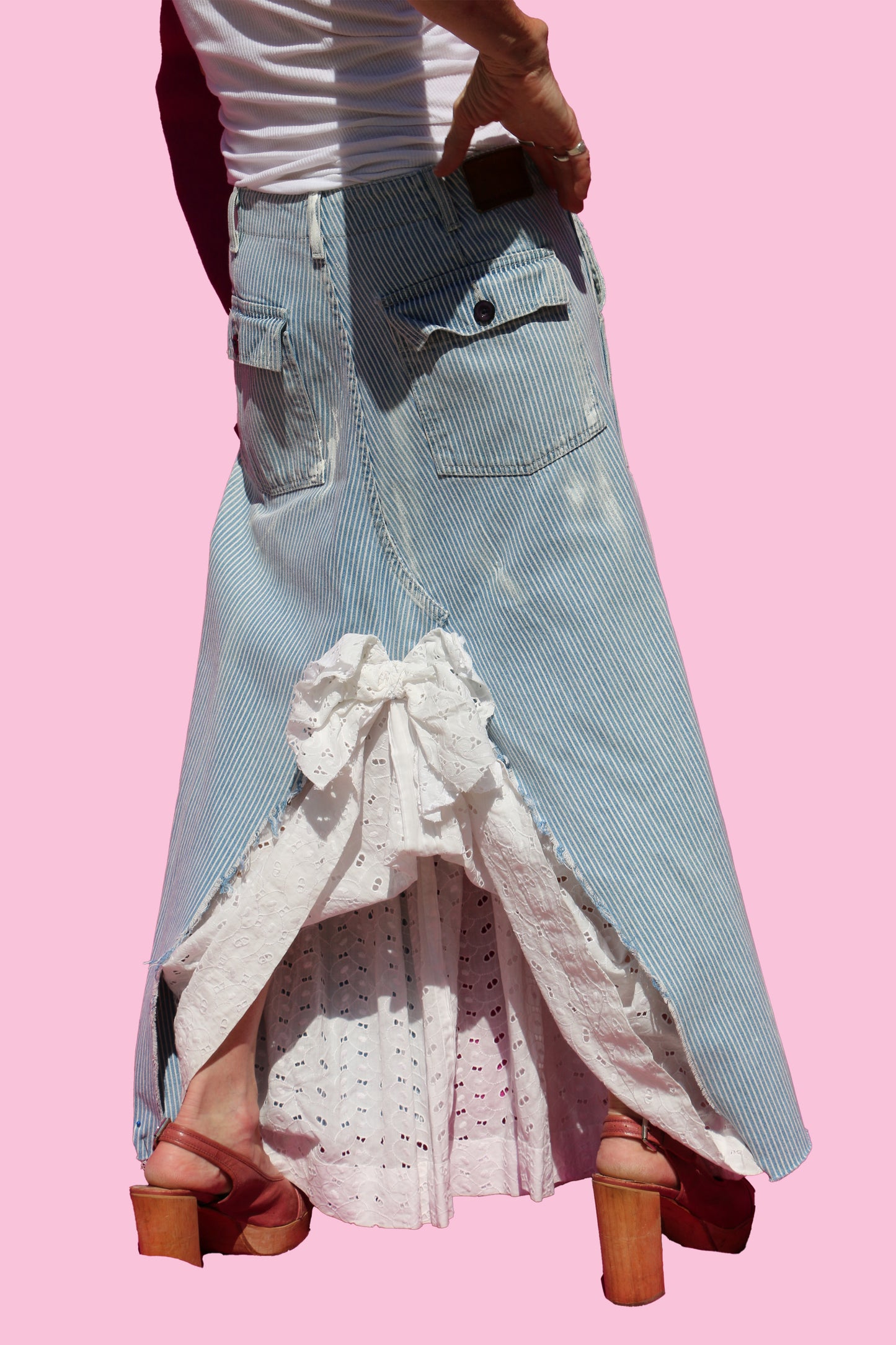 Paint-Splattered, Engineer-Stripe Denim Carpenter Maxi Skirt W/Eyelet Insert & Hand-Made Scrap Back Bow