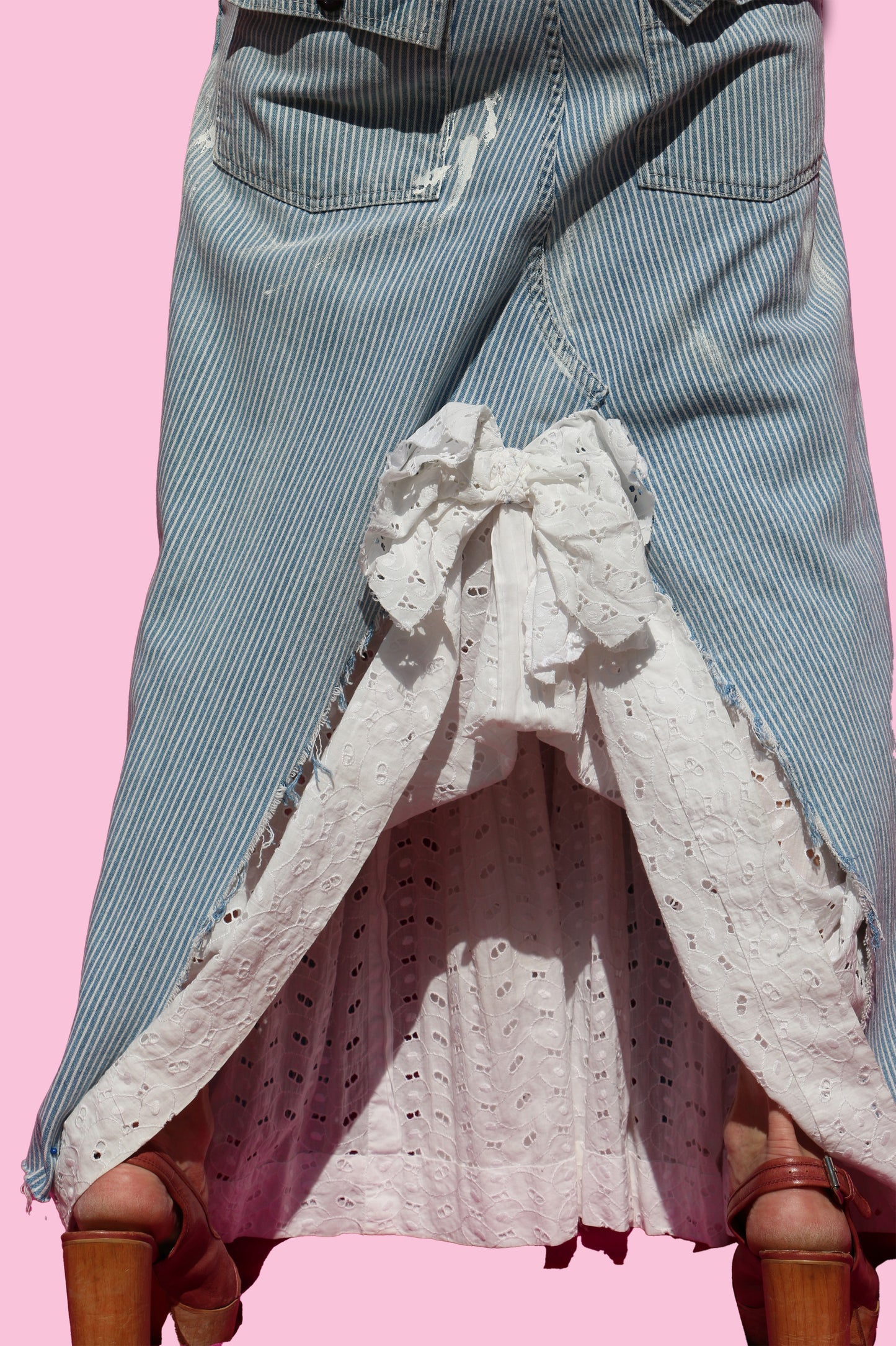 Paint-Splattered, Engineer-Stripe Denim Carpenter Maxi Skirt W/Eyelet Insert & Hand-Made Scrap Back Bow