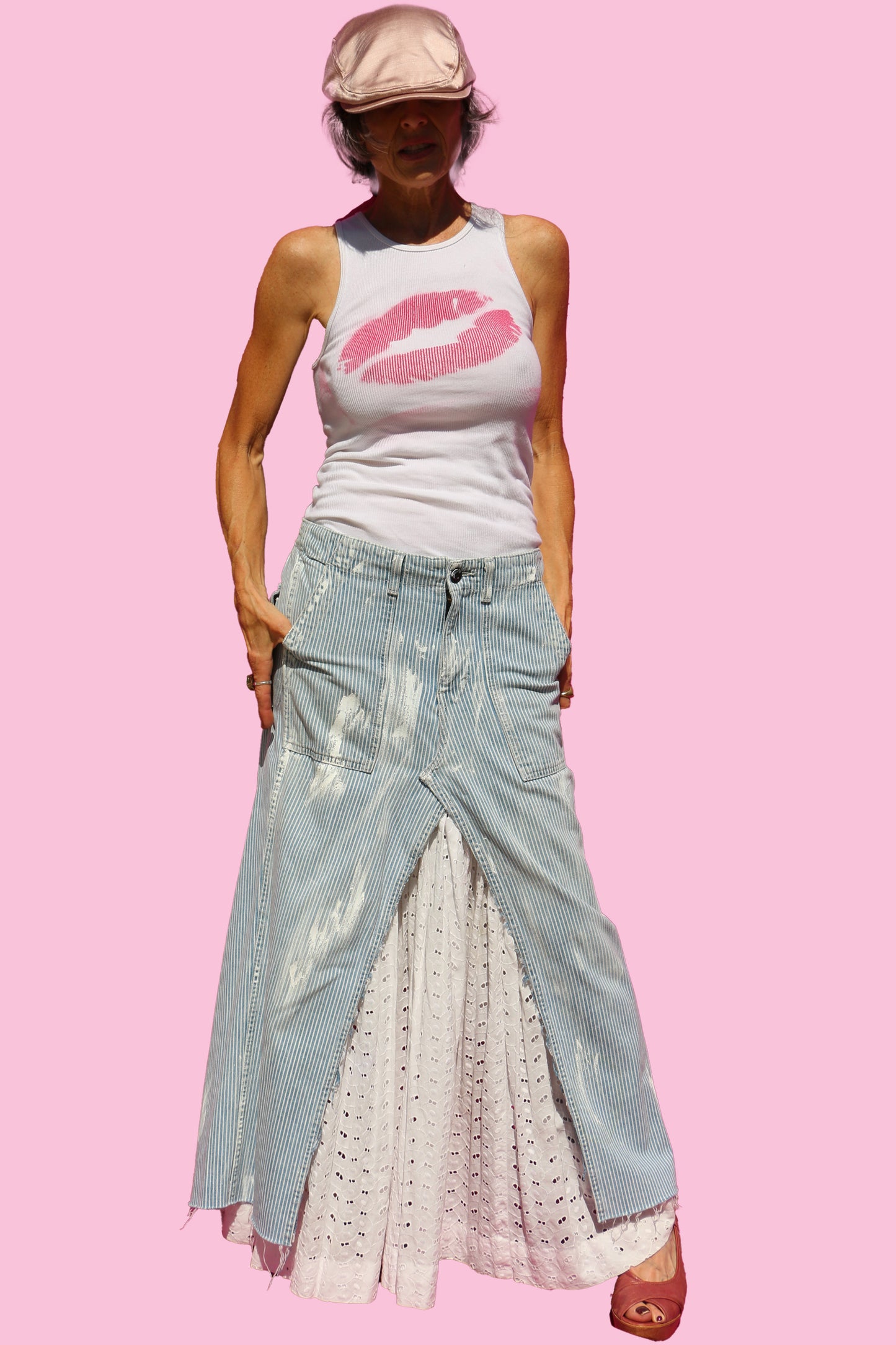 Paint-Splattered, Engineer-Stripe Denim Carpenter Maxi Skirt W/Eyelet Insert & Hand-Made Scrap Back Bow