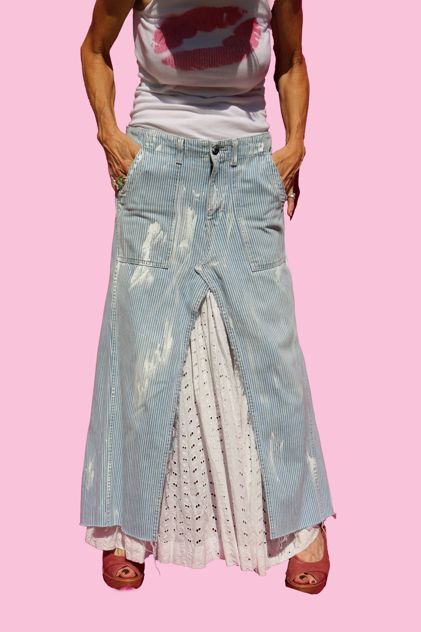 Paint-Splattered, Engineer-Stripe Denim Carpenter Maxi Skirt W/Eyelet Insert & Hand-Made Scrap Back Bow