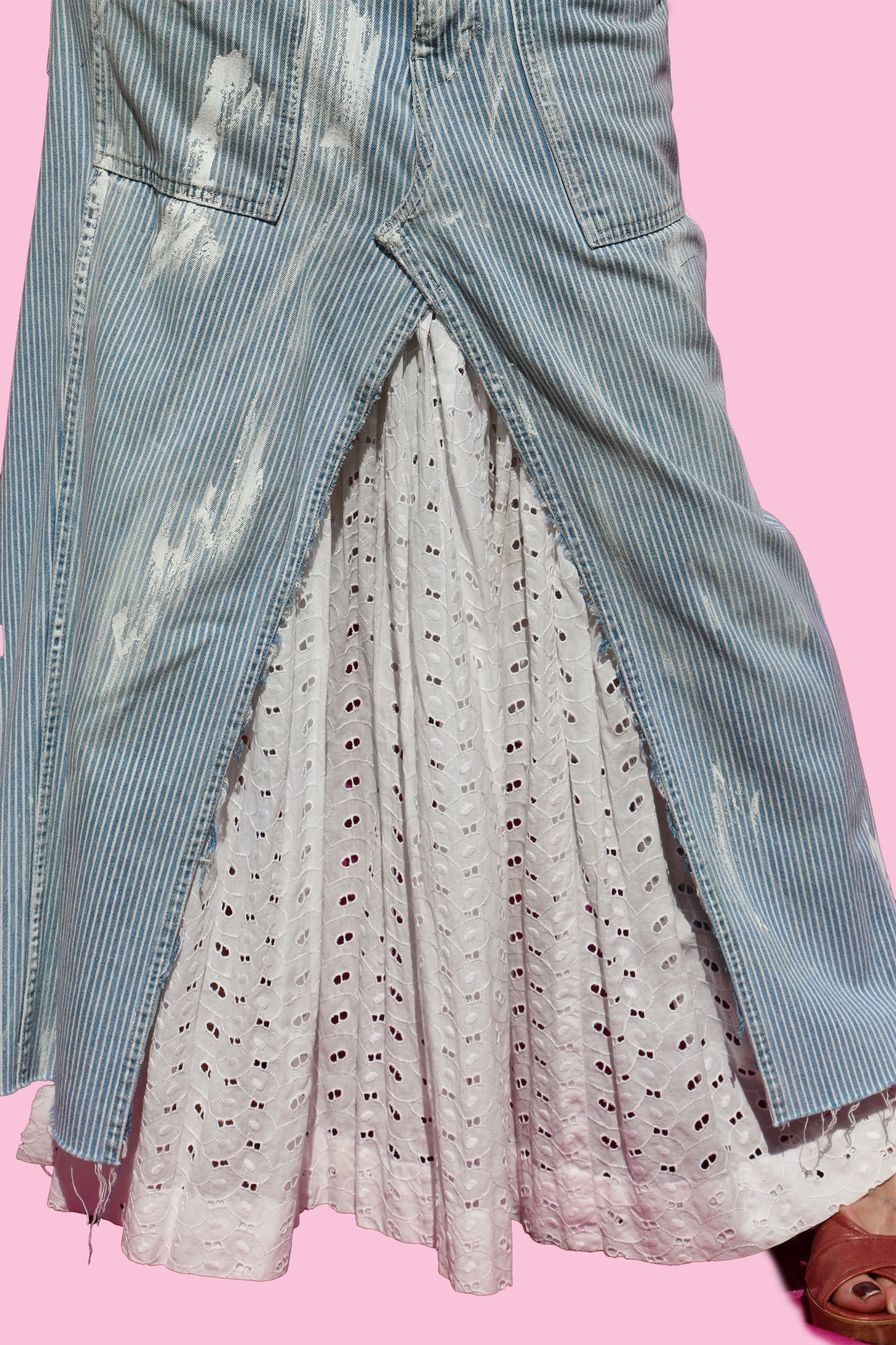 Paint-Splattered, Engineer-Stripe Denim Carpenter Maxi Skirt W/Eyelet Insert & Hand-Made Scrap Back Bow