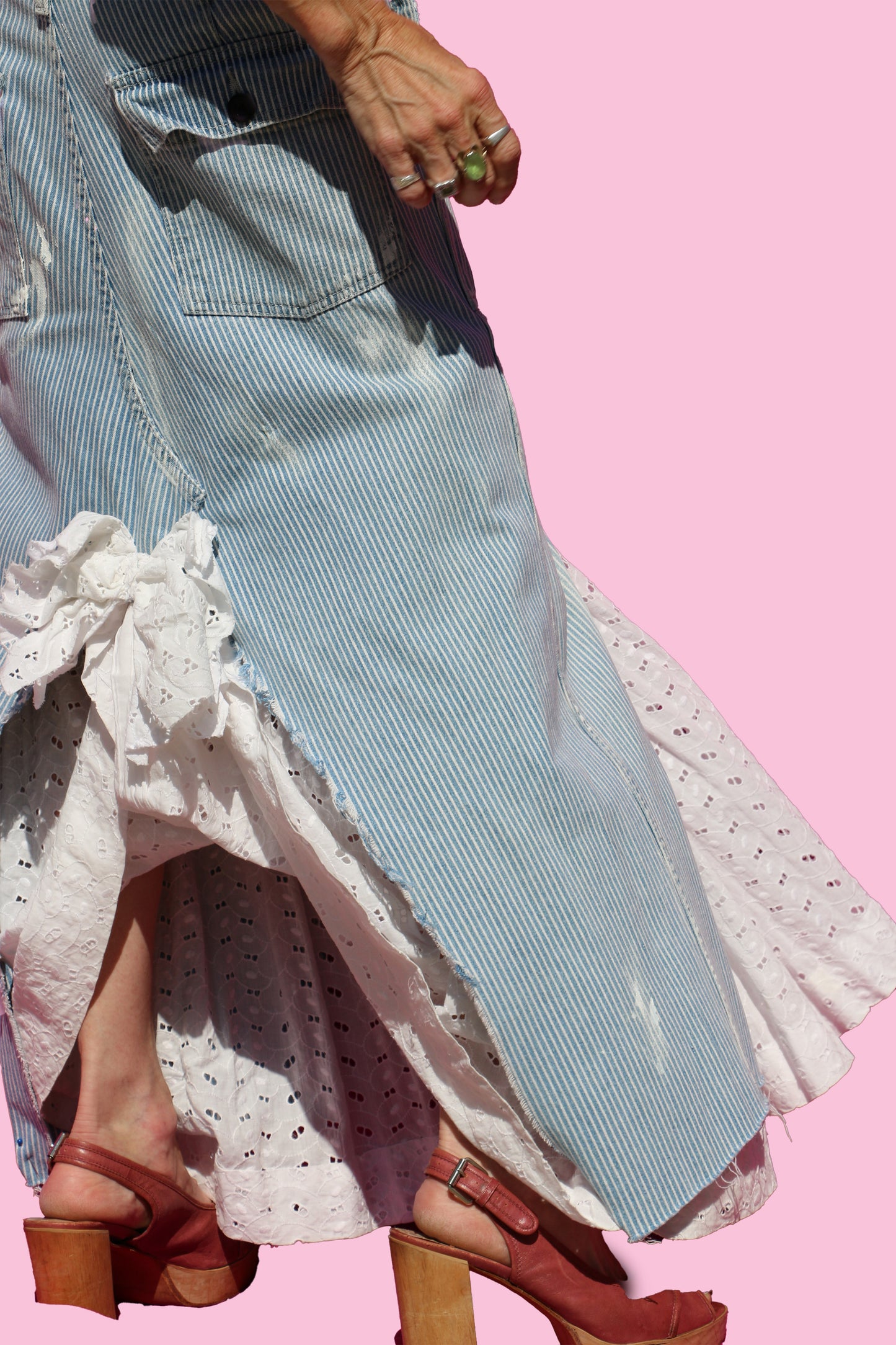 Paint-Splattered, Engineer-Stripe Denim Carpenter Maxi Skirt W/Eyelet Insert & Hand-Made Scrap Back Bow