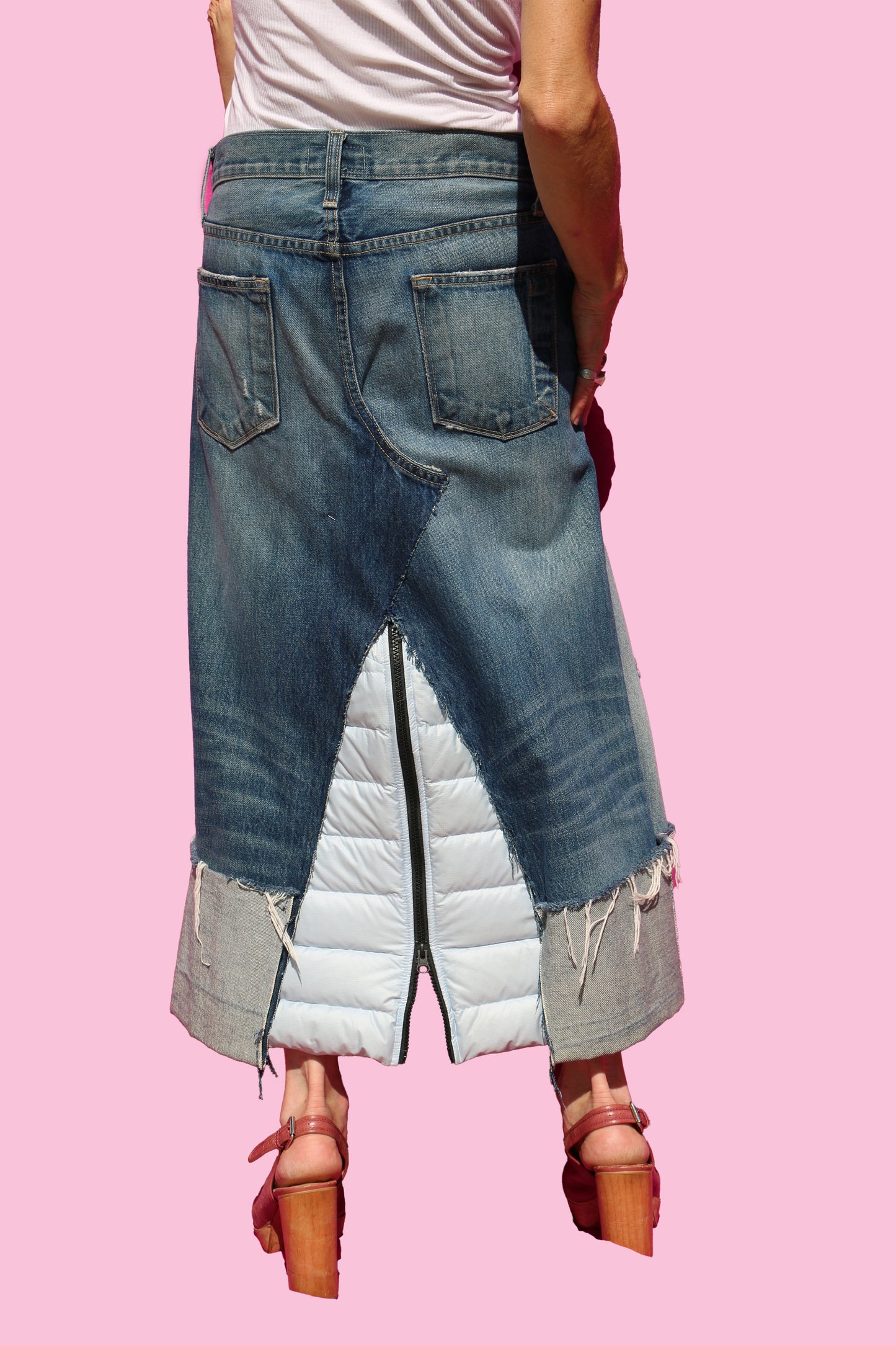 Distressed, Cuffed Denim Midi-Skirt W/Powder Blue Down Puffer Insert & Zipper Slit Back