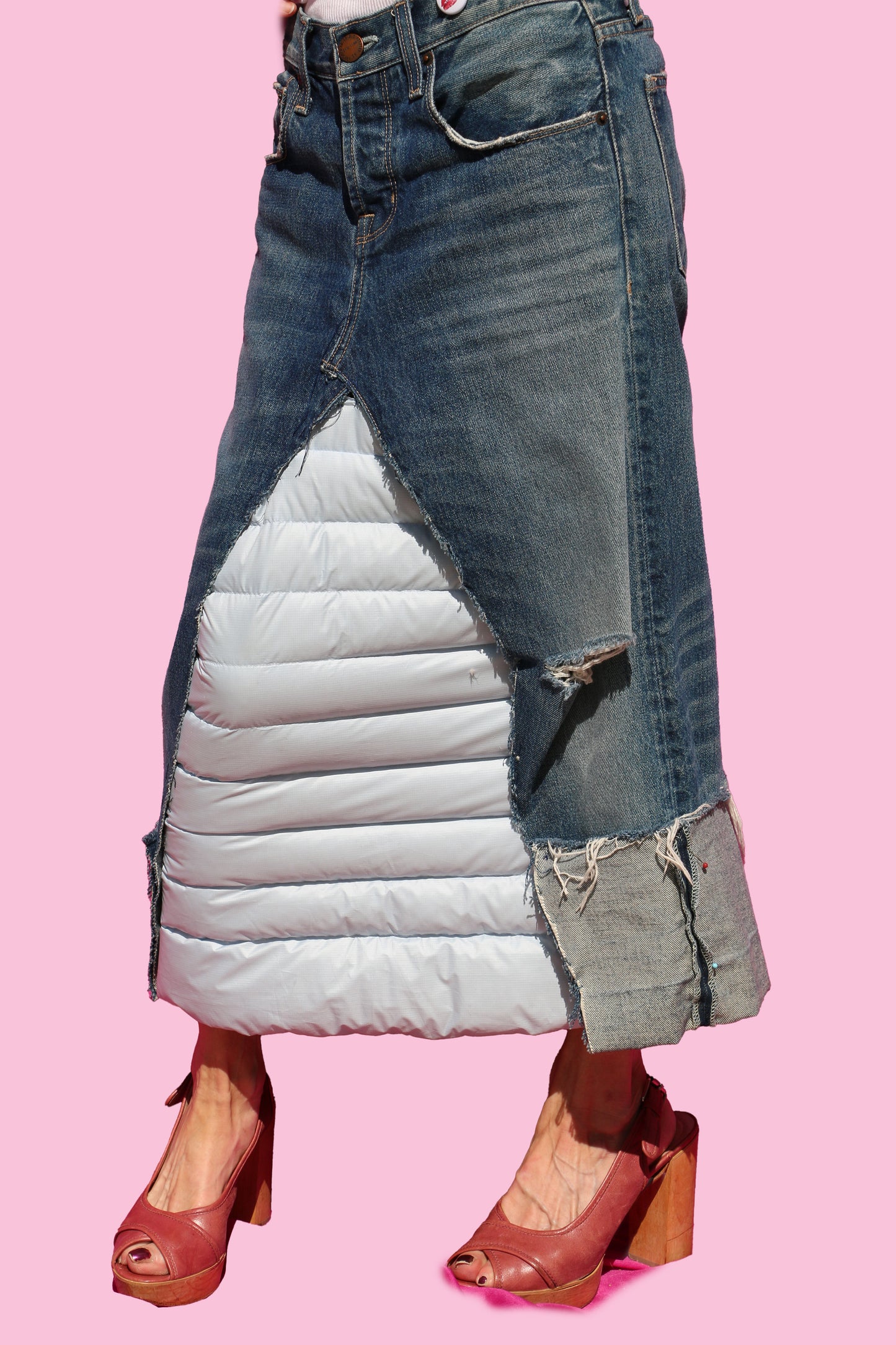 Distressed, Cuffed Denim Midi-Skirt W/Powder Blue Down Puffer Insert & Zipper Slit Back