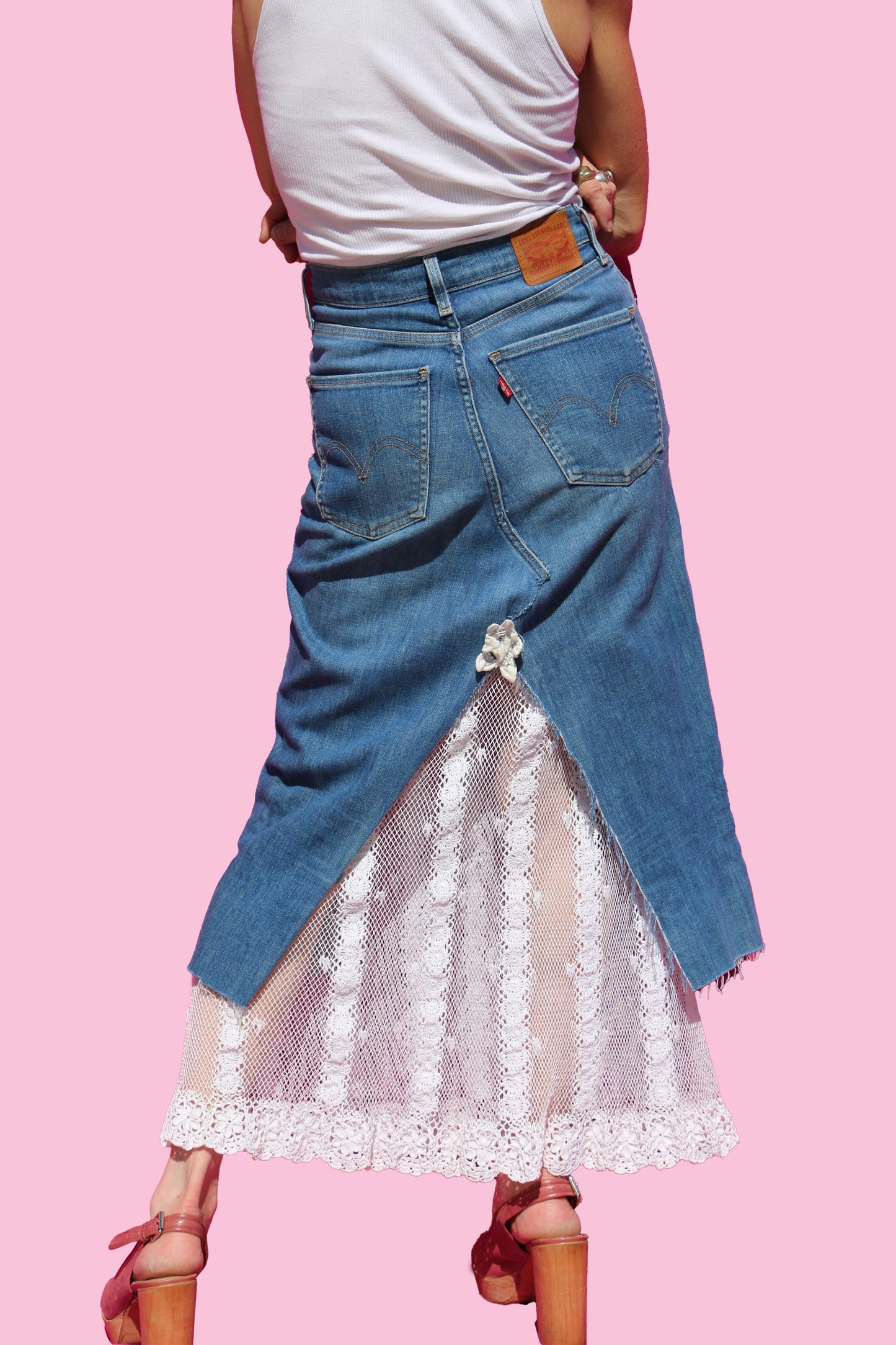 Levis High Waisted Denim & Vintage Crochet Lace Maxi Skirt W/Lace Flower Detail