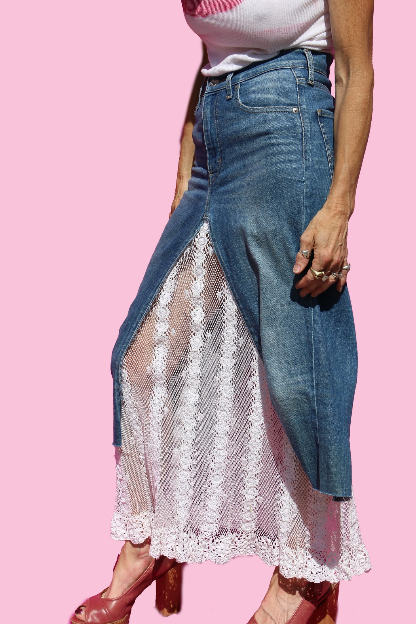 Levis High Waisted Denim & Vintage Crochet Lace Maxi Skirt W/Lace Flower Detail