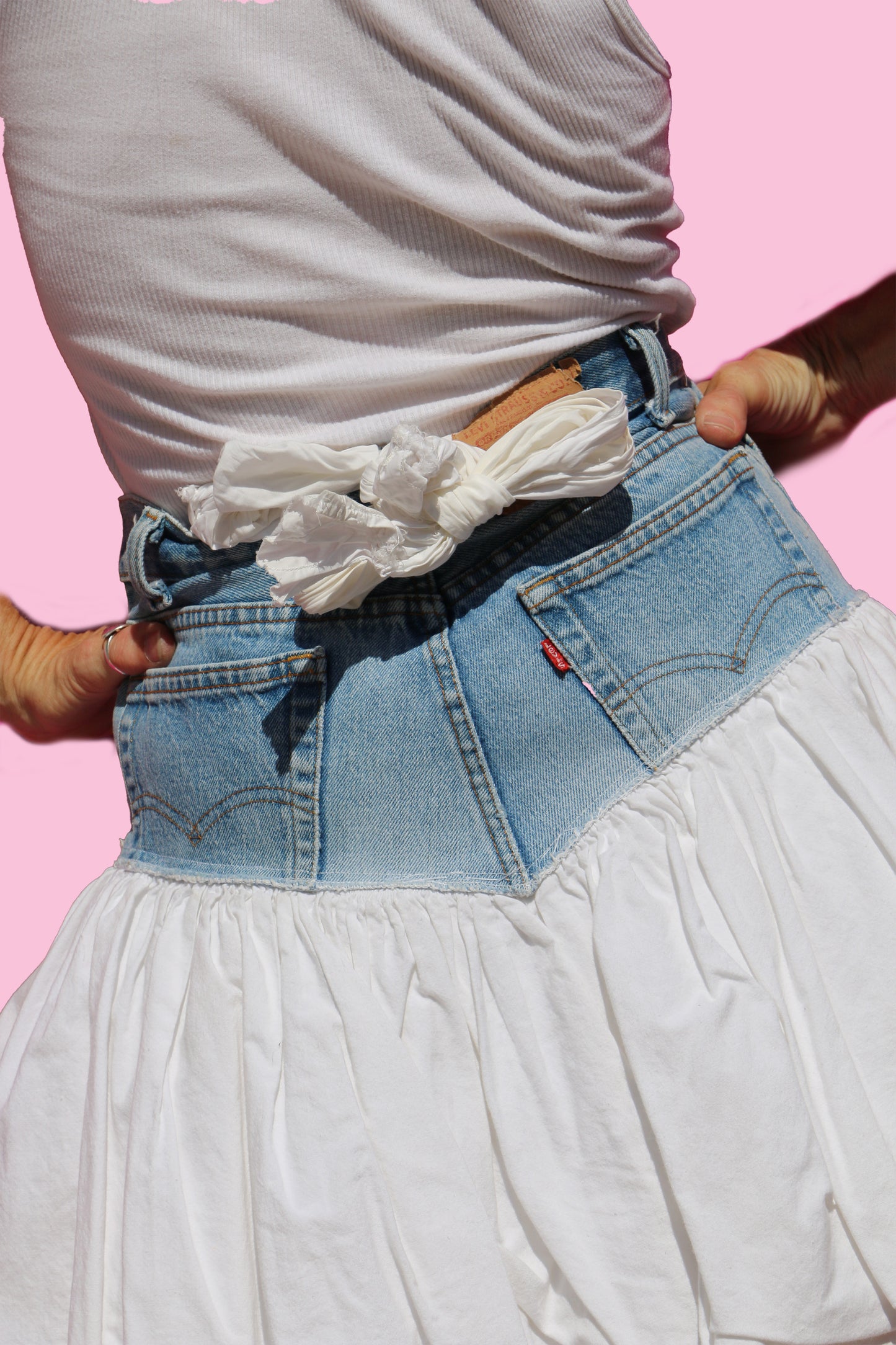 Vintage Levi's White Cotton Bubble Skirt W/White Cotton Floral Embroidered Underskirt & Adjustable Back Tie