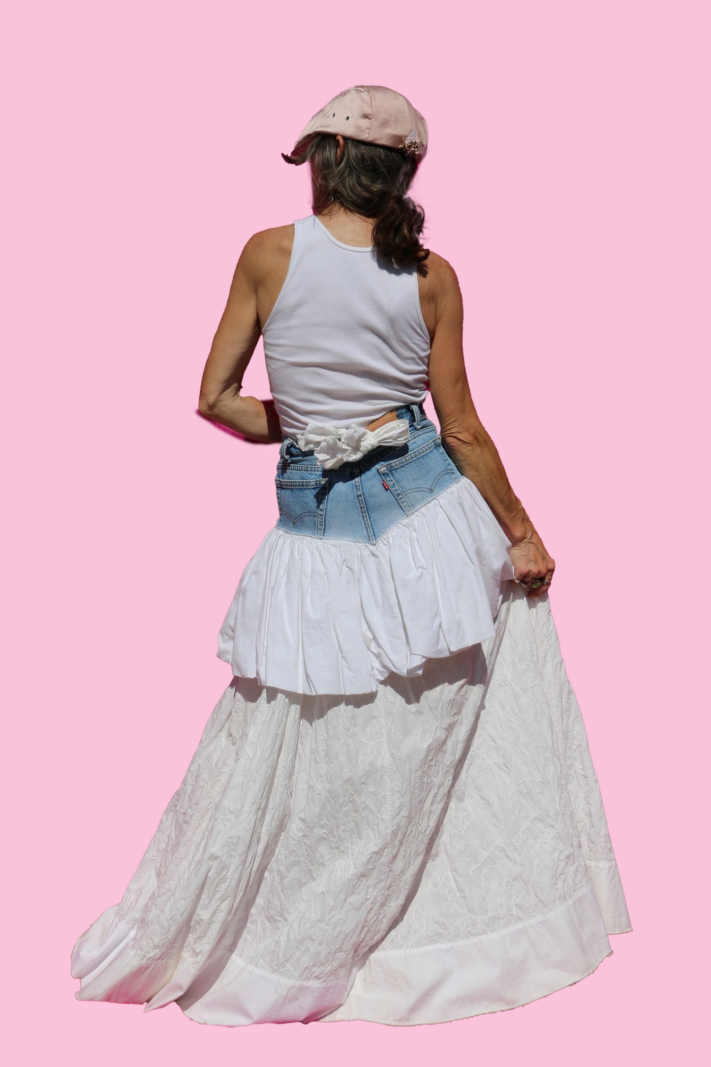 Vintage Levi's White Cotton Bubble Skirt W/White Cotton Floral Embroidered Underskirt & Adjustable Back Tie