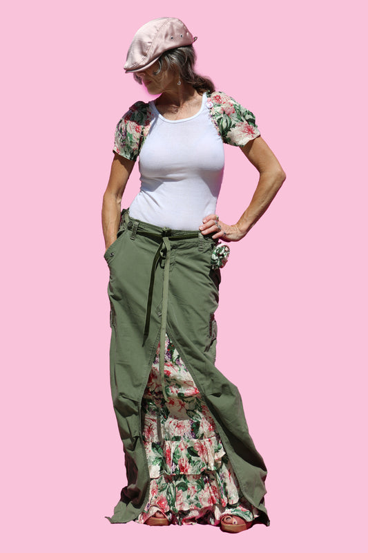 Army Green Cargo Maxi Skirt W/Silk Floral Ruffled Underskirt & Matching Tank W/Matching Silk Floral Sleeves & Handmade Flower