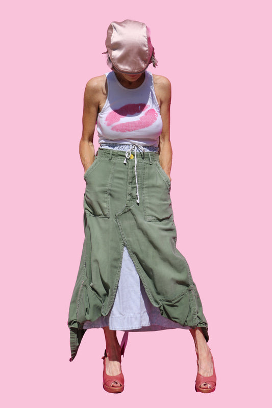 Vintage 70's Moleskin Army Pants Maxi Skirt W/Blue& White Stripe Drawstring Waist Underskirt & Handmade Pink & White Stripe Flower on Back