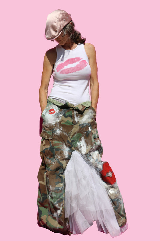 Vintage Paint Splattered Camo Pant Maxi Skirt W/Attached Tulle & Hand Painted Lips