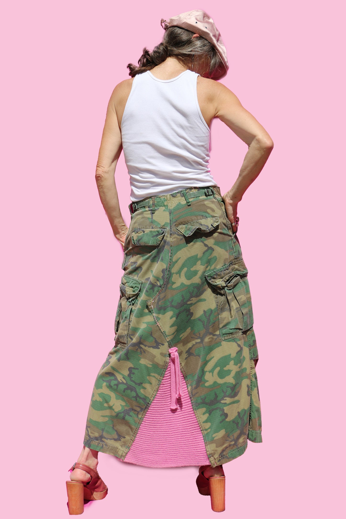 Vintage Camo Pant Maxi W/ Hot Pink Sweater Insert & Back Bow