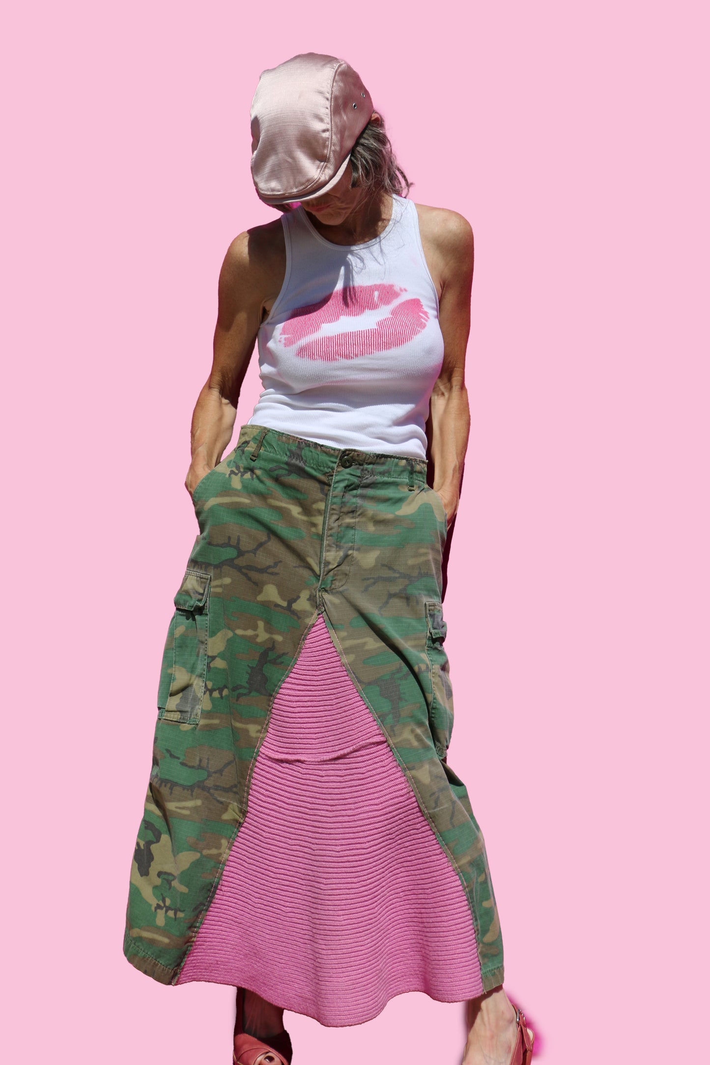 Vintage Camo Pant Maxi W/ Hot Pink Sweater Insert & Back Bow