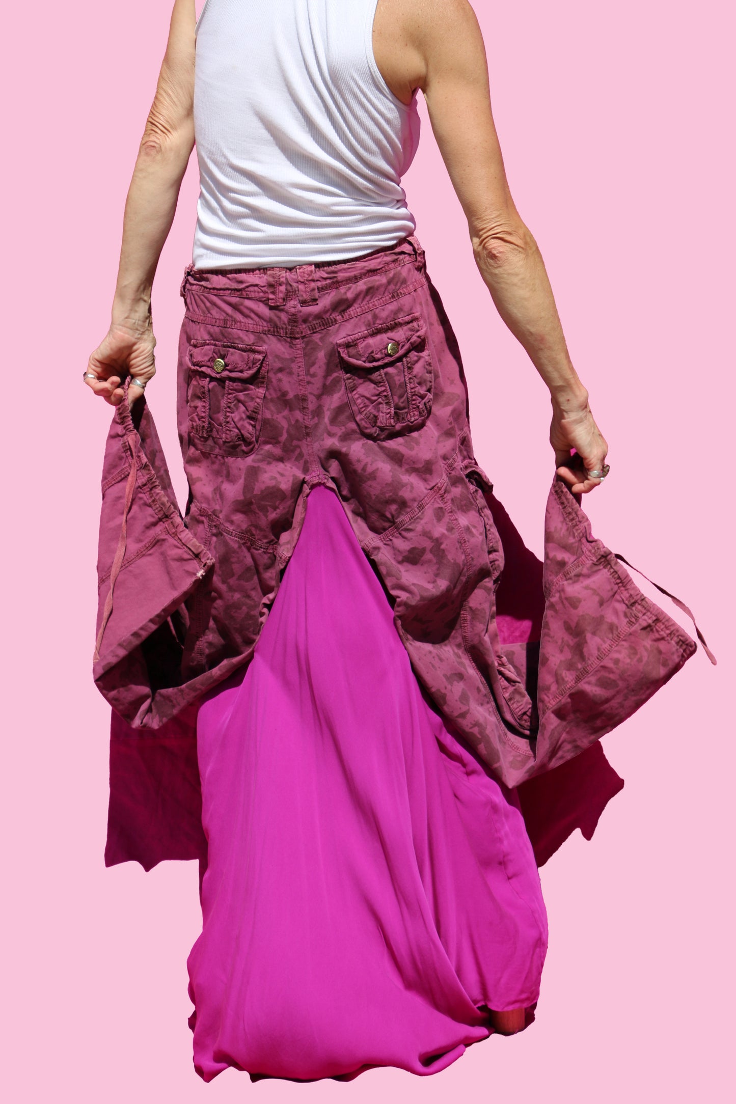 Adjustable Burgundy Camo Maxi Skirt W/Silk Magenta Underskirt