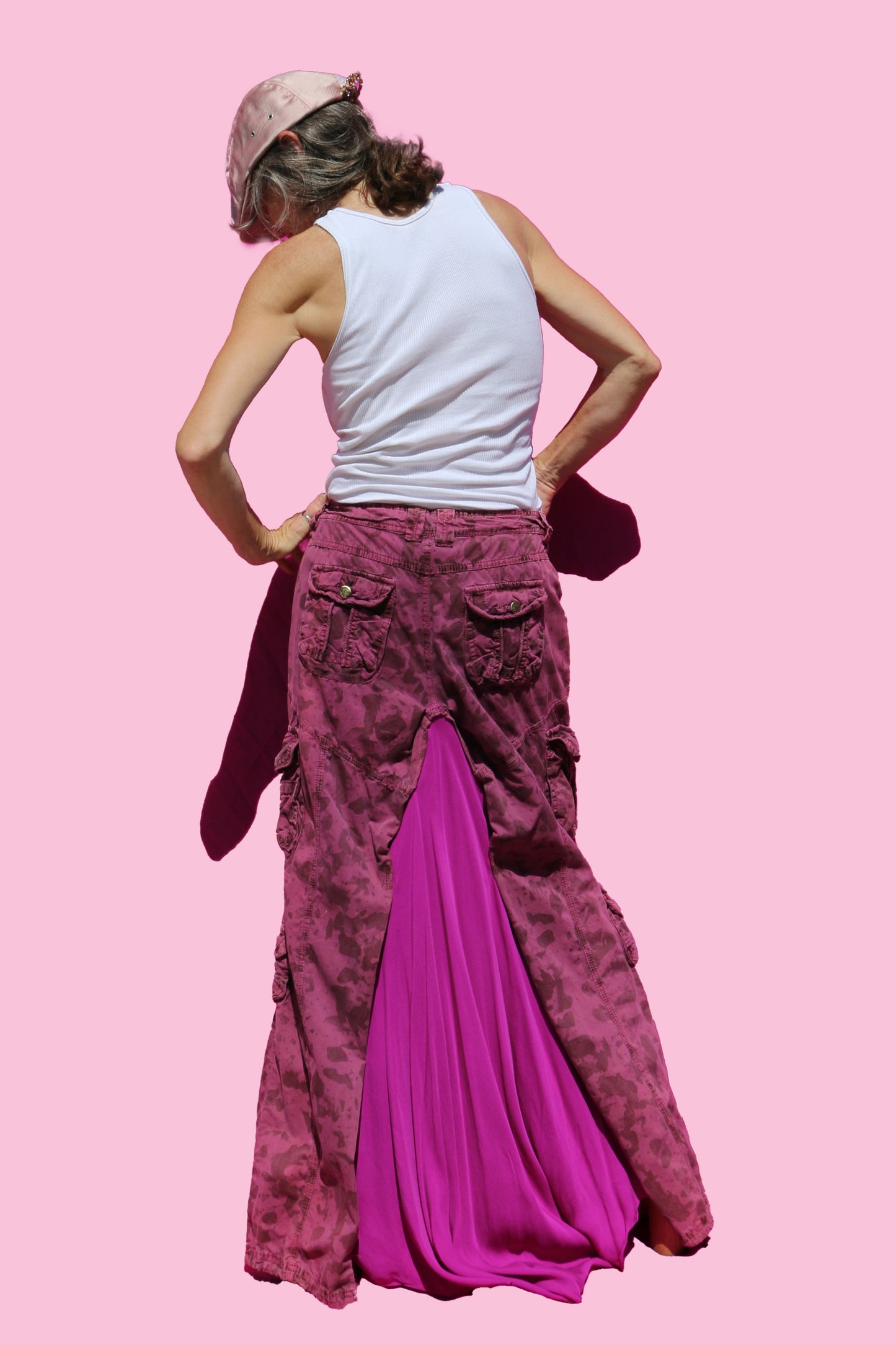 Adjustable Burgundy Camo Maxi Skirt W/Silk Magenta Underskirt