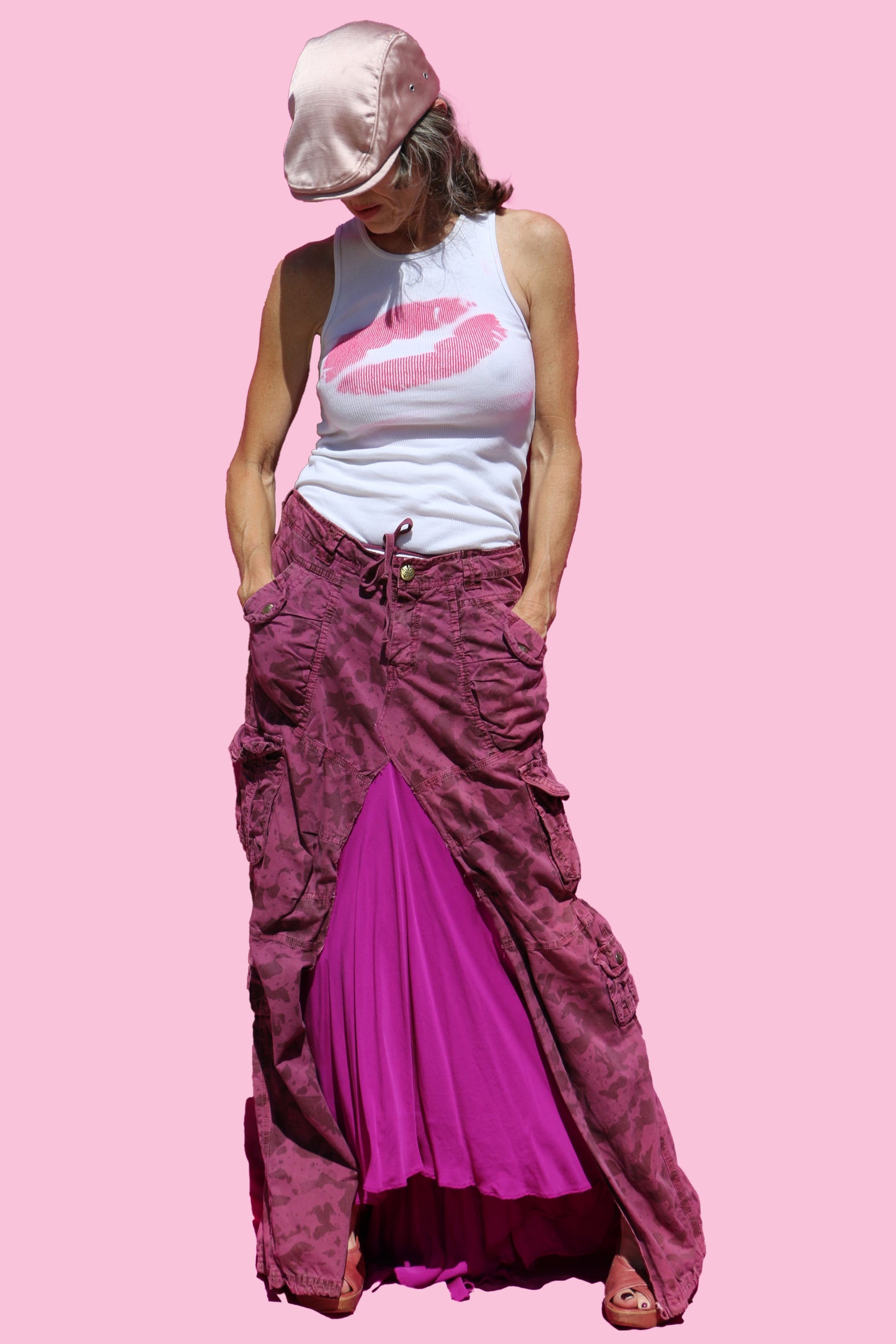 Adjustable Burgundy Camo Maxi Skirt W/Silk Magenta Underskirt