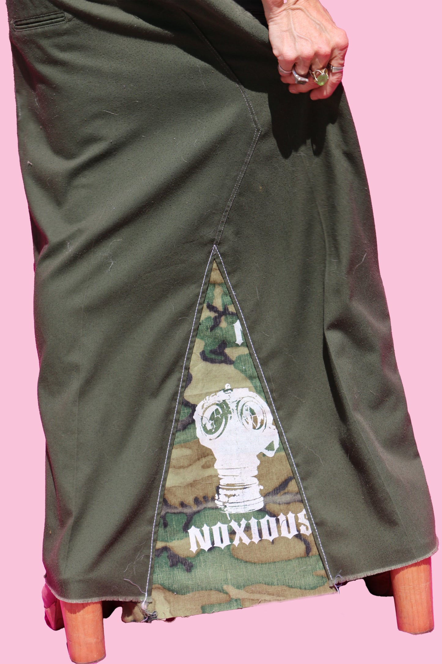 Army Green Work Pant Straight Maxi Skirt W/Hand Painted Man & Camo Noxious Logo Insert