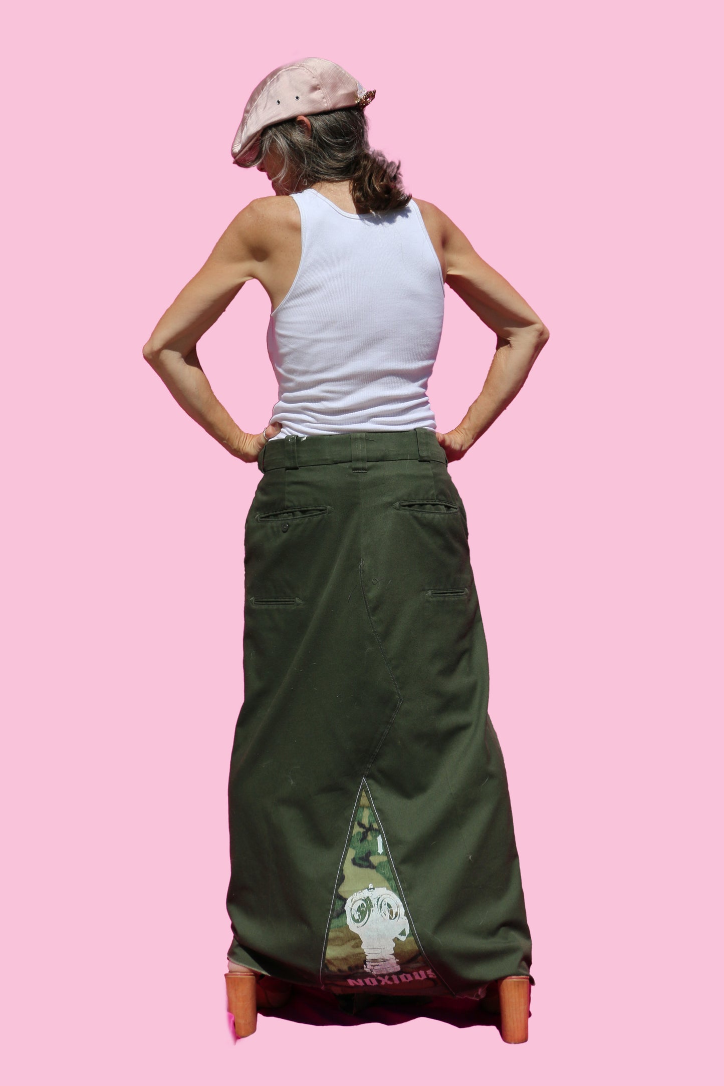 Army Green Work Pant Straight Maxi Skirt W/Hand Painted Man & Camo Noxious Logo Insert