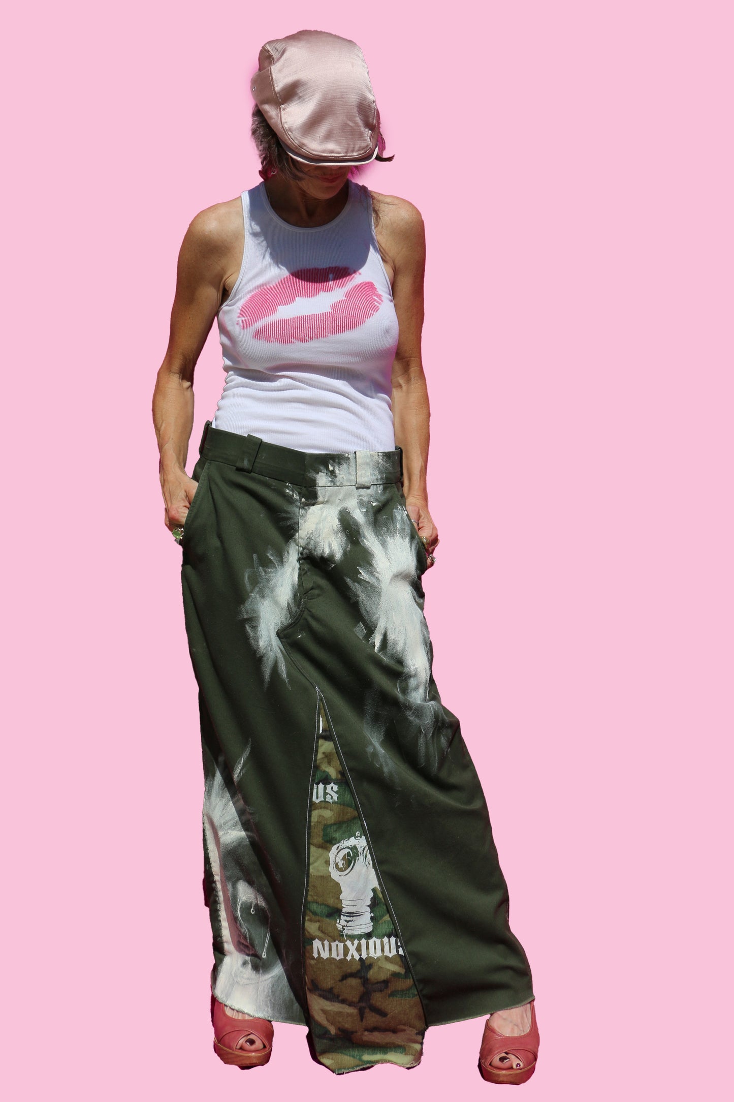 Army Green Work Pant Straight Maxi Skirt W/Hand Painted Man & Camo Noxious Logo Insert