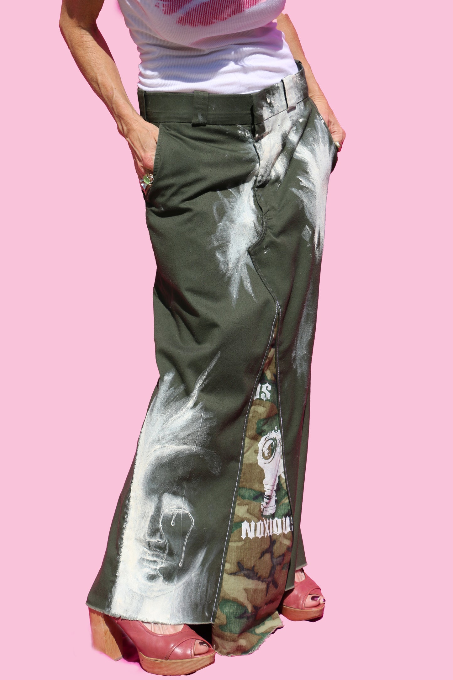 Army Green Work Pant Straight Maxi Skirt W/Hand Painted Man & Camo Noxious Logo Insert