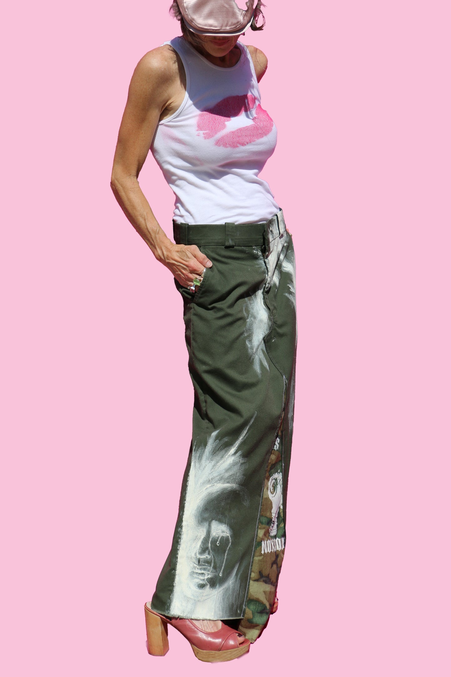 Army Green Work Pant Straight Maxi Skirt W/Hand Painted Man & Camo Noxious Logo Insert