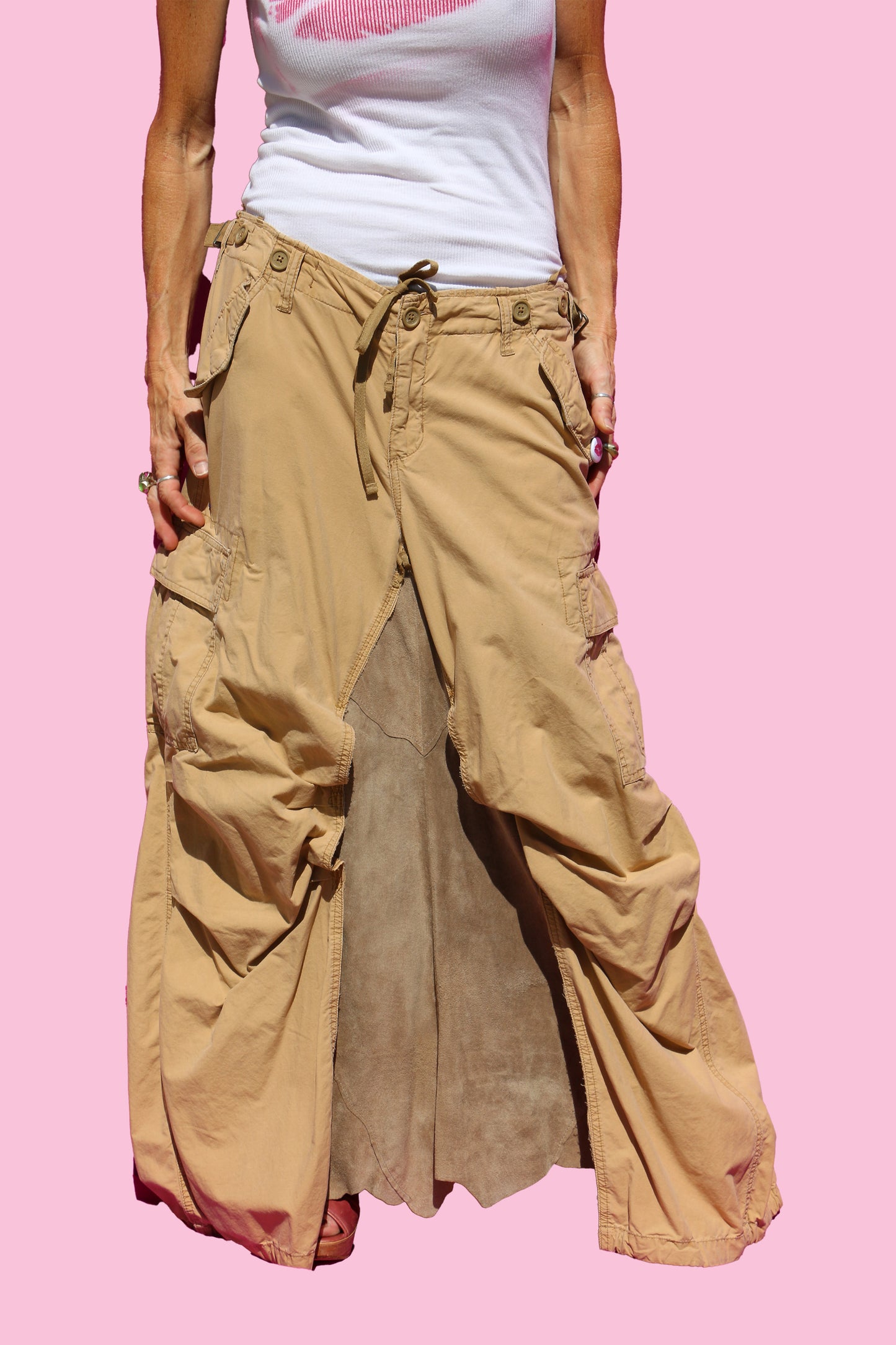 90's Tan Cargo & Suede Adjustable Maxi Skirt