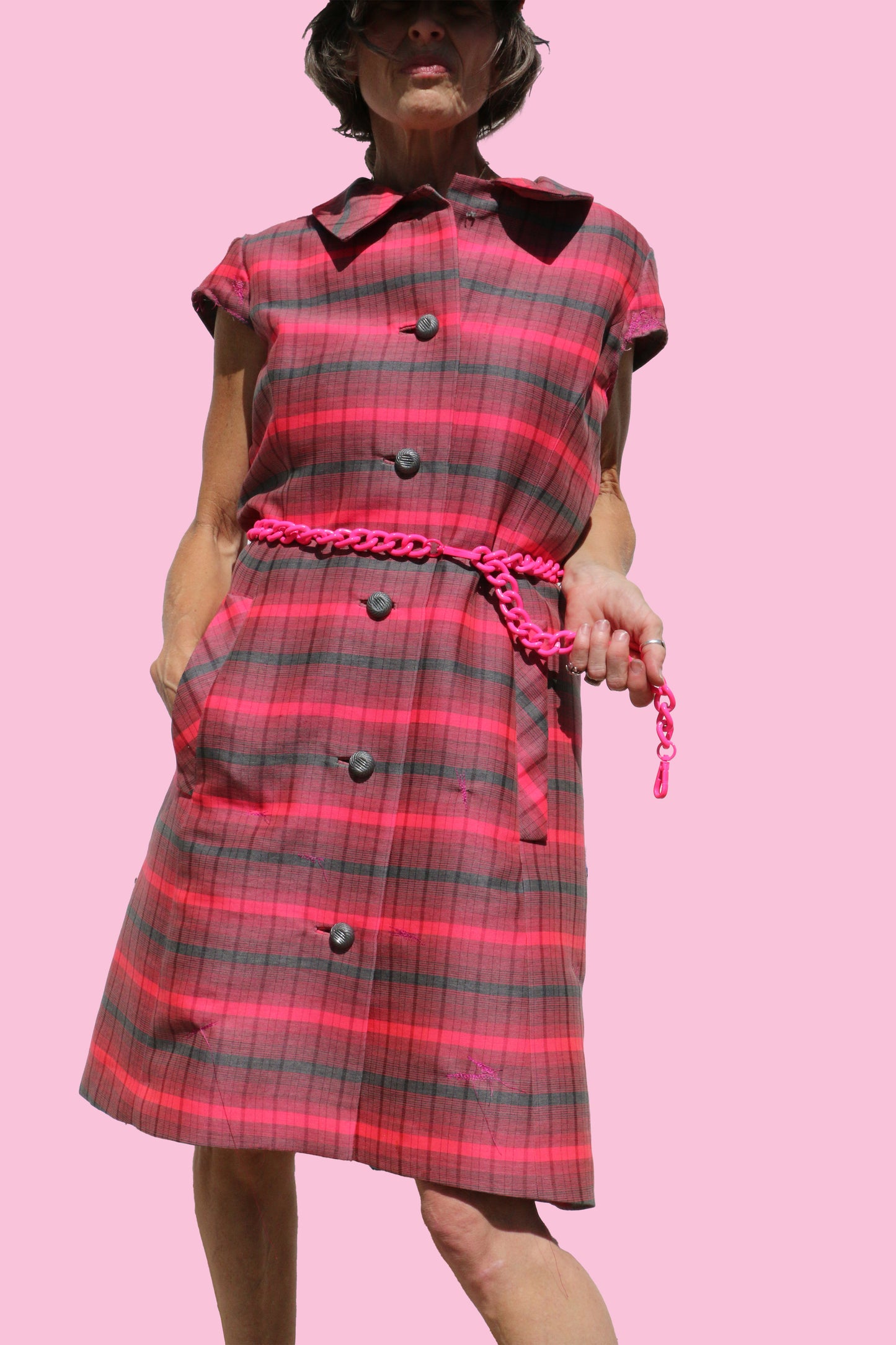 Checkered Red Dress with Pink Chain